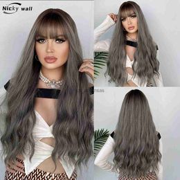 Synthetic Wigs Long Wavy Hair Wigs with Bangs Silver Gray Wig for Women Girls Natural Synthetic Wig Heat Resistant Fiber Female Fake Hair HKD230818