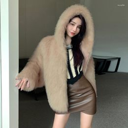 Women's Fur Thick Warm Faux Women Coat Long Sleeves Hooded Straight Cut