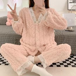 Women's Sleepwear Home Dress Accessories Women Pyjamas For Ladies Flannel Winter Suit Lace Coral Velvet Pure Sensual Style