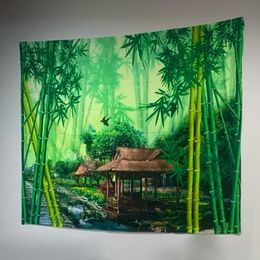 Tapestries Study Home Scenery Wall Tapestry Chinese Style Zen Garden Green Bamboo Massage Stone Water Lily Printed Wall Hanging Room Decor