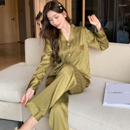 Women's Sleepwear Women Long Sleeve Pajamas Set Spring Autumn Shirt&Trouser PJS Suit Turn-down Collar Silky Satin Nightwear Home Clothes