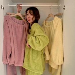 Women's Sleepwear QWEEK Pyjamas For Women Solid Colour Flannel Home Clothes Pink Yellow Green Pijamas Winter Nightwear Korean Fashion Pyjamas