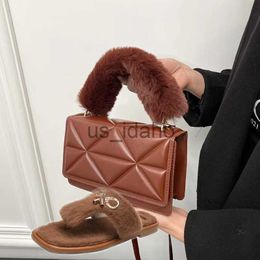 Slippers Metal Buckle Flip Flops Fluffy Fur Slippers And Women's Messenger Bag Set Women Sandals Fur Handbag Shoulder Bag Matching Slides J230818