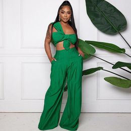 Women's Two Piece Pants Chic Elegant 2 Sets Women Outfit Birthday Clubwear Draped Strapless Crop Top And Wide Leg Y2K Clothing Matching
