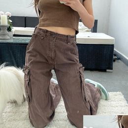 Women'S Pants Capris Womens 90S Vintage Brown Cargo Pockets Women Autumn High Waist Jeans Y2K Long Trousers Korean Style Hip Hop H Dh5Lr