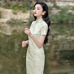 Ethnic Clothing Summer 2023 Lace High-end Mid-length Stand-up Collar Slanted Lapel Girls Daily Wear Cheongsam Traditional Chinese Qipao