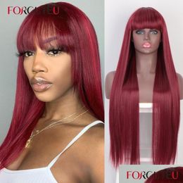 Synthetic Wigs Forcuteu Long Straight Wine Red Wig With Bangs Hair Bang For Women Heat Resistant Drop Delivery Products Dhebo