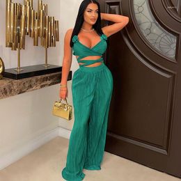 Women's Two Piece Pants Elegant Pleated Festival Outfit Womens 2 Set Appliques Lace-up Crop Top And Wide Leg Matching Sets Clubwear