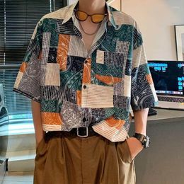 Men's Casual Shirts Patchwork Colorful Summer Half Sleeve Tops Oversize Fashion Male Clothing Button Up