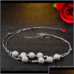 Anklets Fashion Pure 925 Sterling Sier Anklet Frosted Gold Colour White Round Beads For Women Ankle Bracelet Foot Chain Jewellery F1219 2 Dhn27