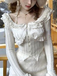 Knitted Sweet Elegant Party Sexy Blouse Women Long Sleeve Korean Style Shirts Female White Casual France Vintage Tops Summer New 230808