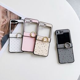 Zflip5 Love Heart Bow Leather Phone Cases For Samsung Galaxy Z Flip 5 Flip5 Bowknot Hard Plastic PC With Metal Finger Ring Holder Mobile Cover Back Skin