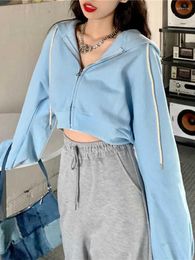 Women's Hoodies QWEEK Korean Style Crop Zip-up Women Kpop Vintage Oversized Slim Cropped Sweatshirt Tops BF 2023 Autumn Streetwear