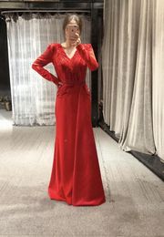 Party Dresses Real Pictures Red Colour Beads V-neckline Long Sleeves Floor Length Evening Dress Custom Made 2023