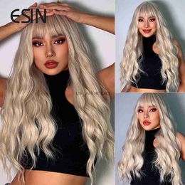 Synthetic Wigs Esin Synthetic Light Blonde Ombre To Platinum Long Body Wave Hair Wigs With Bangs For Women Cosplay Natural Heat Resistant HKD230818