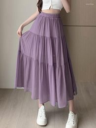 Skirts TIGENA Chiffon Pleated Long Skirt For Women 2023 Summer Korean Casual Solid Patchwork Side Slit High Waist Midi Female