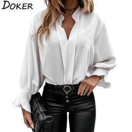 Autumn White Blouse Women Fashion V-neck Ruffle Long Sleeve Elegant Office Ladies Shirts Plus Size Casual Tops