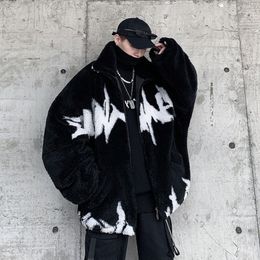 Men's Down Parkas Black Lamb Wool Faux Fur Coats Men Parkas Winter Jackets Fluffy Y2k Streetwear Oversize Thicken Outerwear Women Hip Hop Warm 230815