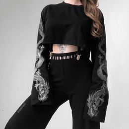 Women s T Shirt Gothic Punk Cool Girl Dragon Pattern t shirts Long Sleeve Suspender Crew Neck Black Crop Top Autumn Pullover 230818