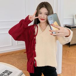 Women's Sweaters 2023 Fashion Loose Striped Colour Matching Knitted Tie V-neck Long-sleeved Pullover Sweater Female Autumn And Winter