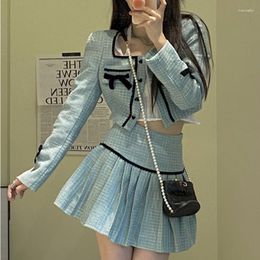 Work Dresses Women 3D Bowtie Square Collar Blazer Coat Long Sleeve OL Hit Colour Jacket Cardigan Tops Mini Plaid A-Line Pleated Skirt 2pcs