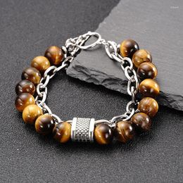 Strand Fashion Trend Men Metal Beaded Hip Hop Natural Stone Malachite Stainless Steel Double Layer Chain Bracelet