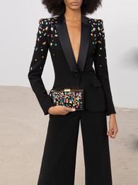 Womens Two Piece Pants HIGH STREET est Designer Runway Fashion Suit Set Slim Fitting Strass Diamonds Beaded Blazer 230817