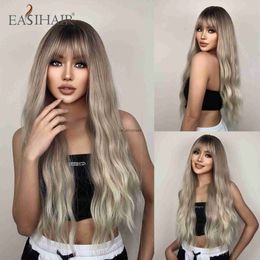 Synthetic Wigs EASIHAIR Long Body Wavy Synthetic Wigs Platinum Blonde Ombre Natural Hair Wigs for Women With Bangs Cosplay Wigs Heat Resistant HKD230818