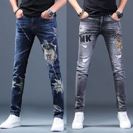 Mens Jeans ripped embroidered jeans spring summer slimming Korea version casual thin denim long pants 230817