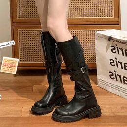 Boots New Thick High Heels Women Mid Calf Boots Hot Punk Gothic Knee High Motorcycles Boots Buckle Comfy Walking Boots Autumn Winter J230818