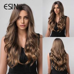 Synthetic Wigs ESIN Synthetic Hair Long Water Wave Ombre Mixed Brown Middle Part Wigs for Women Natural Party Heat Resistant HKD230818