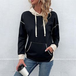 Women's Hoodies Women Hooded Sweatshirt Vintage Color Block Long-Sleeve Hoodie Patchwork Loose Fit Top Pocket Street Pullover For Ladies