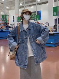 Women's Jackets Women's Blue Coat Denim Jackets Fashion Oversized Long Sleeve Single Breasted Pocket Jeans Tops Korean Style Girl Clothing 230817