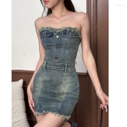 Casual Dresses Women's Summer Chic Sleeveless Strapless Skinny Mini Denim Dress Lady Sexy Streetwear Ripped High Waist Slim Short