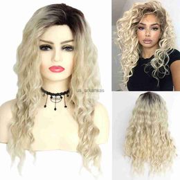 Synthetic Wigs GNIMEGIL Long Curly Wigs for Women Synthetic Ombre Blonde Wig with Bangs Costume Wig for Girls Sexy Blond Wigs with Dark Roots HKD230818
