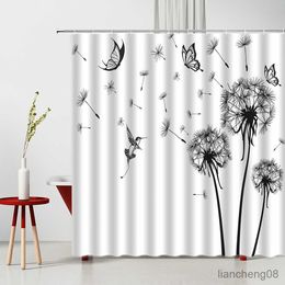 Shower Curtains 2023 Modern Floral Dandelion Shower Curtain Black and White Bathroom Kitchen Waterproof Curtain Home Decor R230818