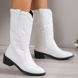 Boots White PU Leather Cowboy for Women Embroidered pointed toe Mid Calf Woman Plus Size 43 SlipOn Western Botas De Mujer 230817