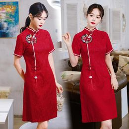 Ethnic Clothing Retro Chinese Traditional Red Improved Cheongsam Elegant National Style Short Sleeve Wedding Qipao Dress