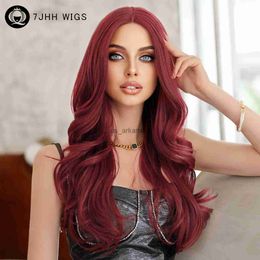 Synthetic Wigs 7JHH WIGS Long Wavy Wine Red Lace Front Wig for Women Daily Cosplay Use Nathural Synthetic Middle Part T Type Wigs High Quality HKD230818