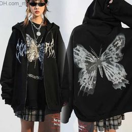 Men's Hoodies Sweatshirts Harajuku Y2k Gothic Butterfly Print Hoodie Women's Loose Zipper Sweatshirt Punk Hoodie Zipper Hoodie Women's Coat Z230818