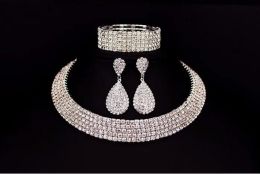 Hot Selling Bride Classic Rhinestone Crystal Choker Necklace Earrings And Bracelet Wedding Jewellery Sets Wedding Accessories Bridal JewelryZZ