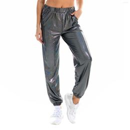 Women's Pants Women Casual Yoga Bottoms Workout Clothing High Waist Elastic Waistband Shiny Metallic Modern Dance Sport Sportswear