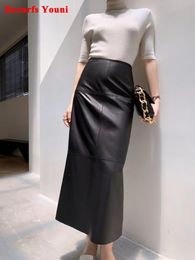 Skirts AutumnWinter Women Leather Maxi Skirt Feminino High End Vintage Back Split Wrapped Saias Slim Ankle Long Faldas Largas 230817