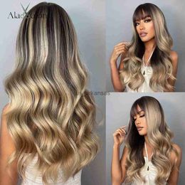 Synthetic Wigs ALAN EATON Dark Brown Blonde Highlight Wigs with Bangs Long Water Wave Synthetic Wigs for Women Cosplay Daily Heat Resistant HKD230818