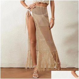 Skirts Chyxsb 2023 Summer Beach Skirt Womens Solid Colour Sexy Knitted Hollow Out See-Through Lace-Up Loose-Fitting Tassel Outer Drop Dhcqk