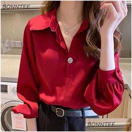 Women'S Blouses Shirts Womens Women Red Long Sleeve Solid All-Match Ins Plus Size Charm Lady Clothing Daily Elegant Classy Teenage Dhqsr