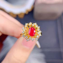 Cluster Rings MeiBaPJ Natural Ruby Gemstone Fashion Golden Flower Ring For Women Real 925 Sterling Silver Fine Wedding Jewelry