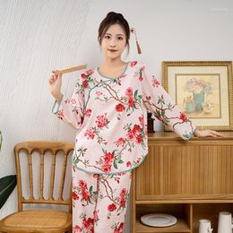 Women's Sleepwear Round Neck Ice Silk Chinese Style Pajamas Nightwear Sleep Suit Shirt Pant 2Pcs Homewear Printing Flowers Women