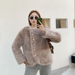 Women's Fur Pocket Single-breasted Faux Coats 2024 Winter Imitation Lamb Plush Female Sheep Young Long Sleeves Jackets XF701