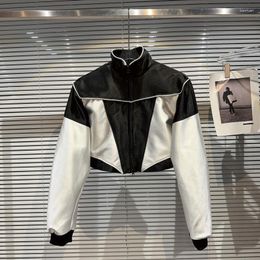 Women's Jackets PREPOMP 2023 Autumn Collection Long Sleeve Turtleneck Black White Contrast Colour Bright Silk Short Jacket Women Coat GL308